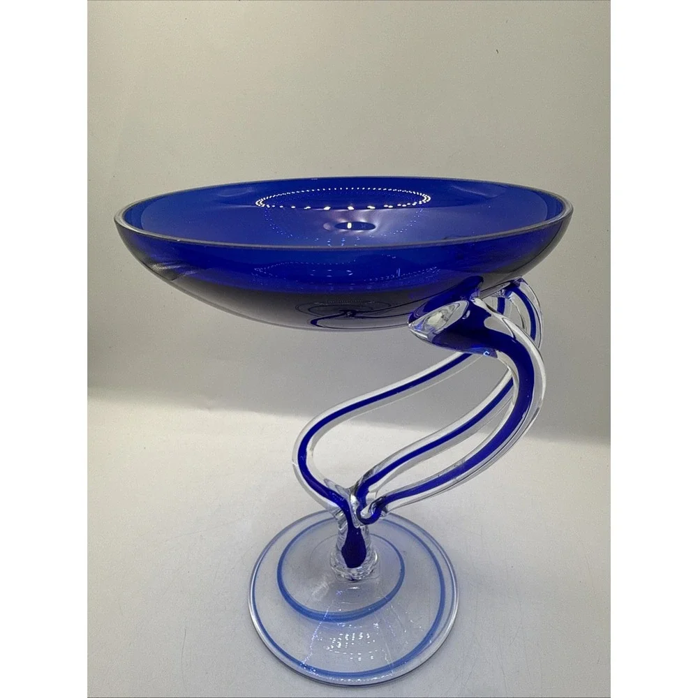 Vintage Jozefina Krosno Poland Cobalt & Clear Art Glass Pedestal 6.75